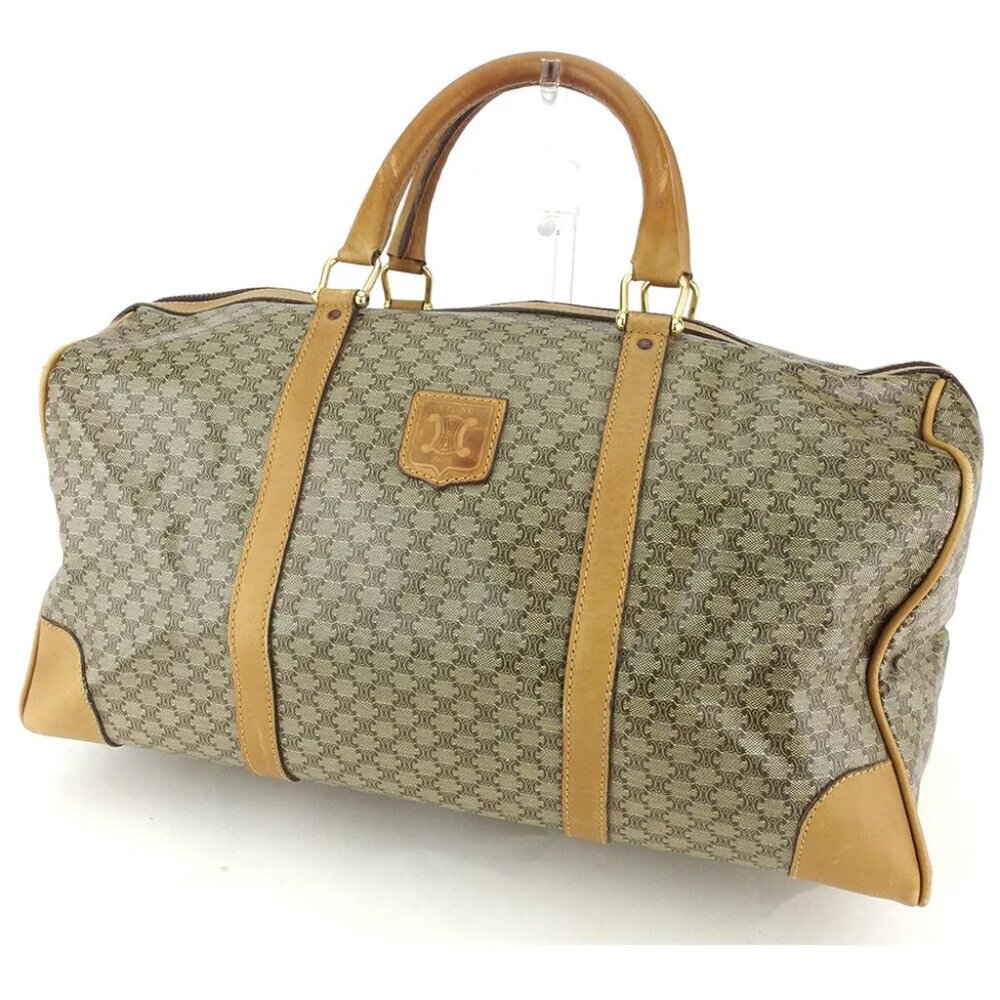 CELINE Boston bag macadam beige PVC ?~ leather Authentic USED T18267